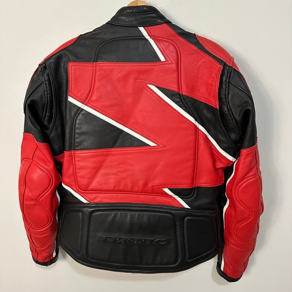 Red & Black Zigzag Lightening Strike Genuine Leather Motorcycle Jacket - Picture 6 of 12